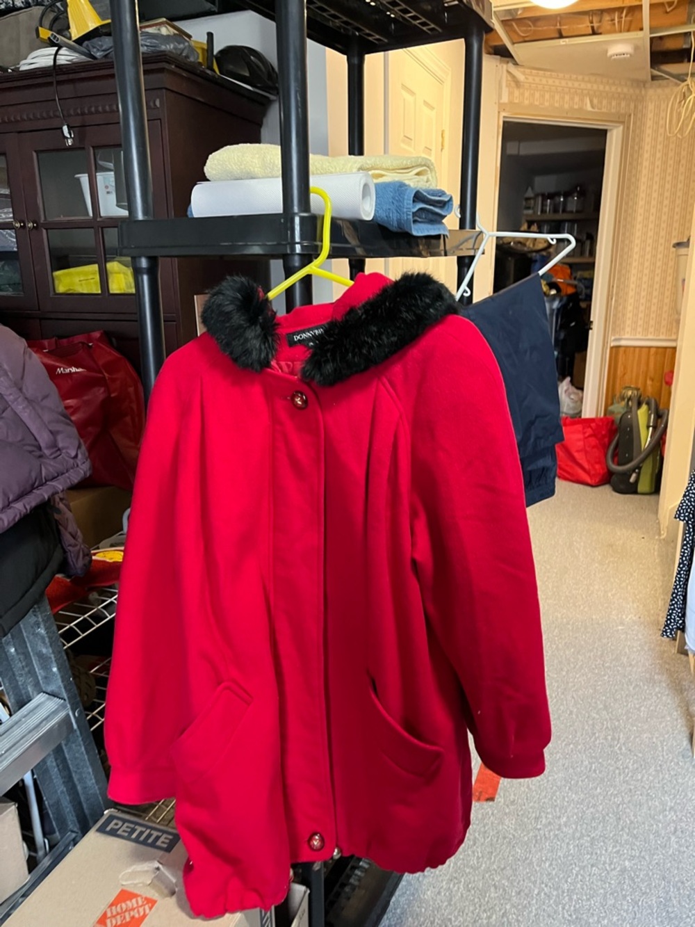 Women's Red Wool coat with Black rabbit Fur hood trim.